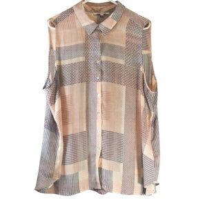 Rose+Olive sleeveless blouse 1X button up patchwork print boho flowy peasant